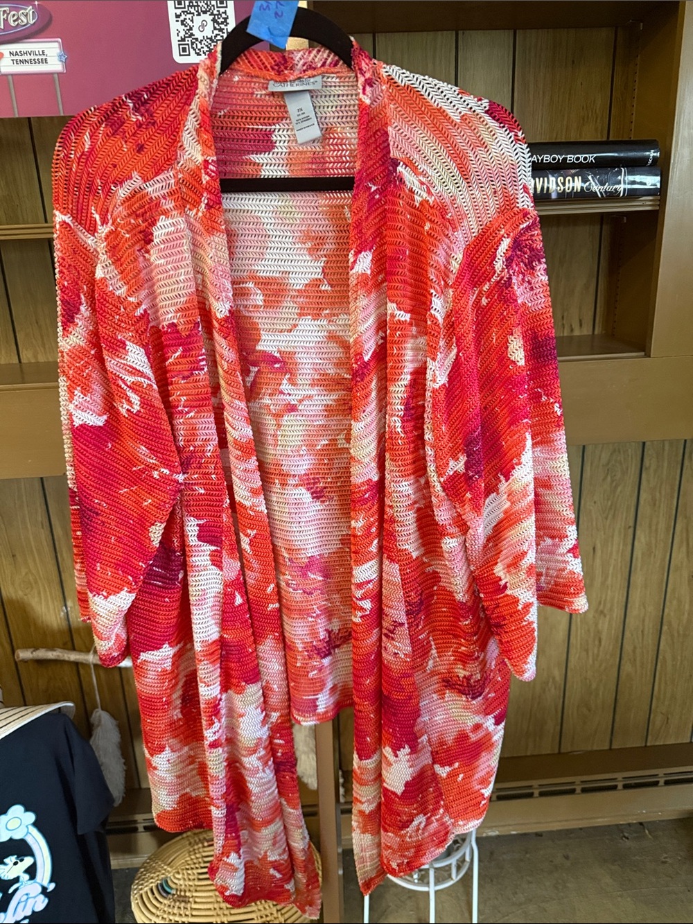 Catherines Open-Front Knit Cardigan in Red, Pink & Cream